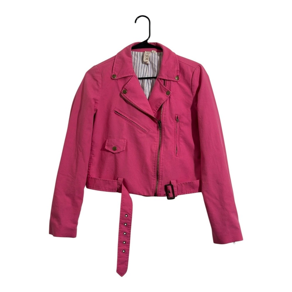 Anthropologie Barbiecore Dolan Hot Pink Linen Moto Jacket Belted Women's Size M